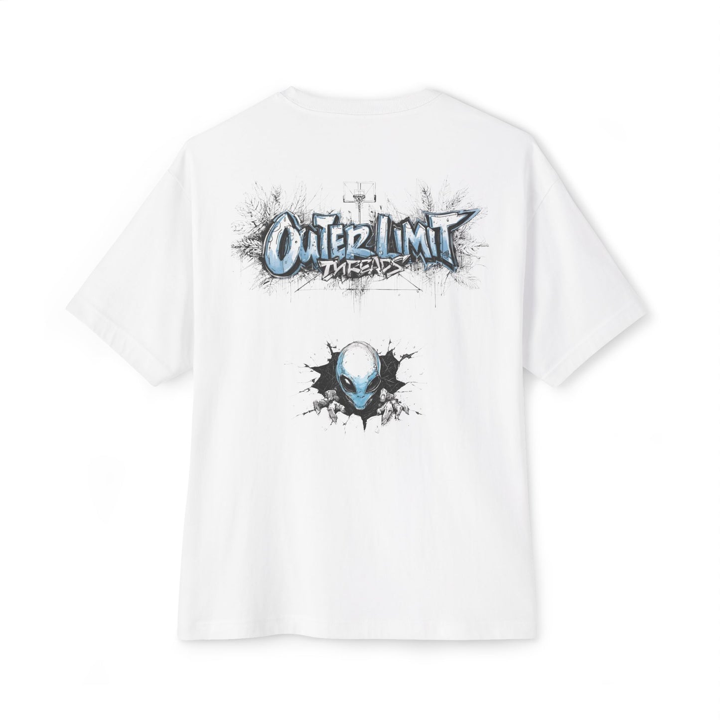 Outer Limit Basketball Graphic Tee — Alien Cityscape Oversized Boxy T-Shirt