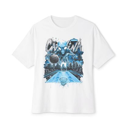 Outer Limit Basketball Graphic Tee — Alien Cityscape Oversized Boxy T-Shirt