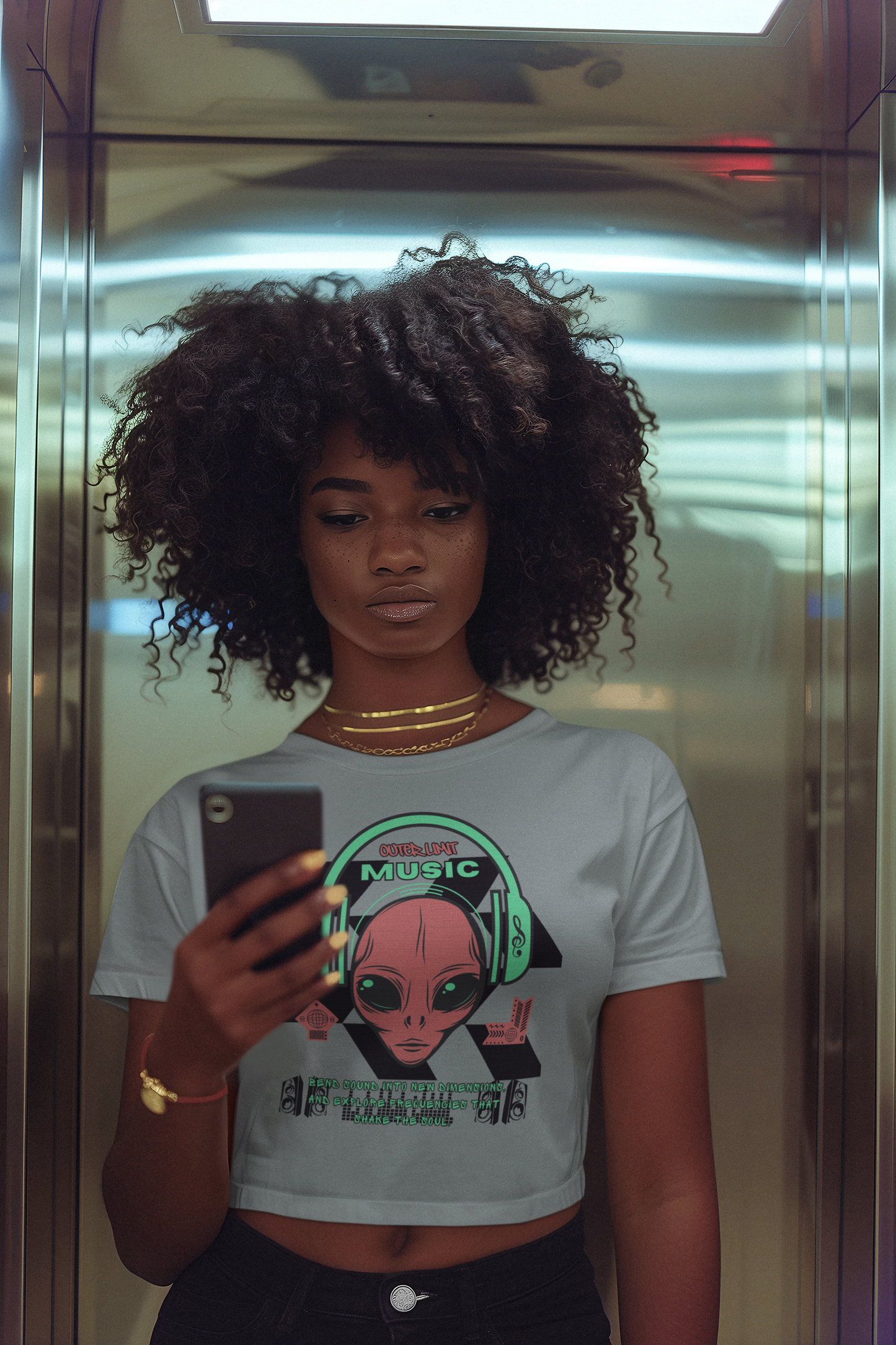 Champion Women's Cropped T-Shirt Music Alien Design